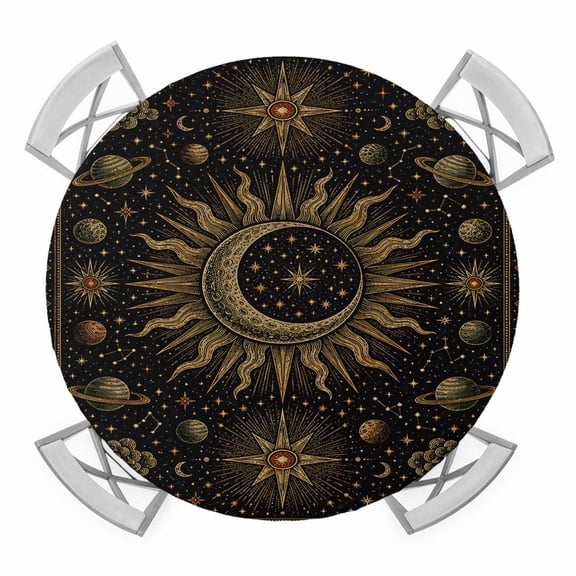 Round Fitted Tablecloth with Elastic Galaxy Cosmic Astrology Tablecloths Mystical Celestial Star Moon Patio Table Cover for Kitchen Dinner Party Picnic Decor Fits Tables up to 55"- 60" Diameter