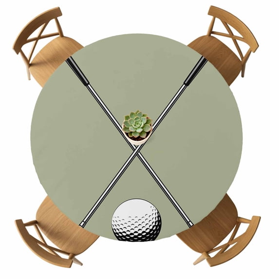 Round Fitted Tablecloth with Elastic Golf Ball Club Tablecloths Waterproof Oil Proof Game Sports Sage Green Table Cover for Kitchen Dinner Holiday Party Picnic Fits Tables up to 36"- 44" Diameter
