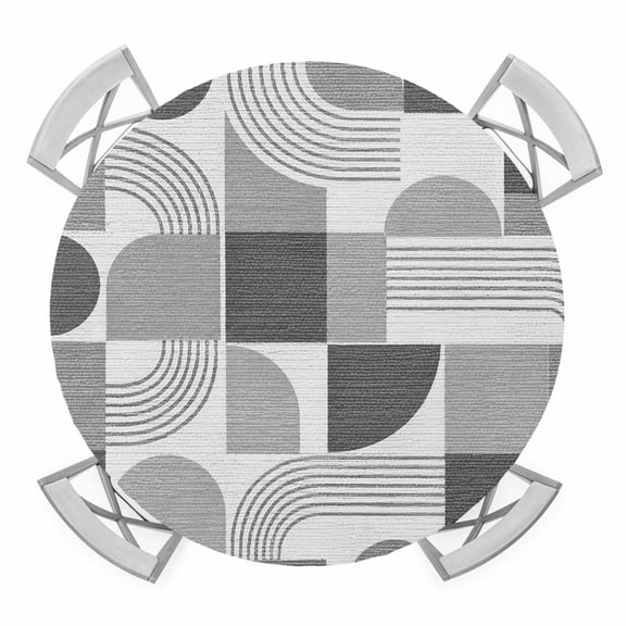 Round Fitted Tablecloth with Elastic Gray Quarter Circles Tablecloths Modern Geometric Arch Lines Patio Table Cover for Kitchen Dinner Party Picnic Decor Fits Tables up to 36"- 44" Diameter