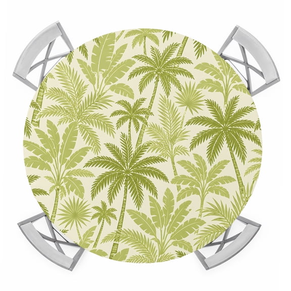 Round Fitted Tablecloth with Elastic Green Coconut Palm Trees Tablecloths Coastal Tropical Jungle Patio Table Cover for Kitchen Dinner Party Picnic Decor Fits Tables up to 36"- 44" Diameter