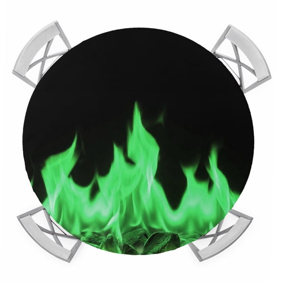 Round Fitted Tablecloth with Elastic Green Flames Tablecloths Burning Embers Ethereal Fire Patio Table Cover for Kitchen Dinner Party Picnic Decor Fits Tables up to 36"- 44" Diameter