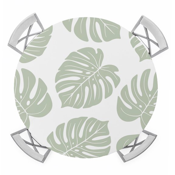 Round Fitted Tablecloth with Elastic Green Palm Leaves Tablecloths Tropical Monstera Leaf Plant Patio Table Cover for Kitchen Dinner Party Picnic Decor Fits Tables up to 55"- 60" Diameter