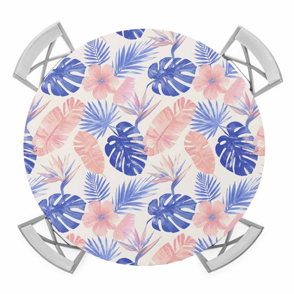 Round Fitted Tablecloth with Elastic Lavender Pink Monstera Leaf Tablecloths Summer Tropical Jungle Patio Table Cover for Kitchen Dinner Party Picnic Decor Fits Tables up to 36"- 44" Diameter