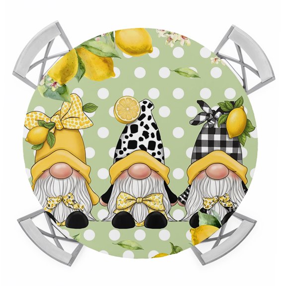 Round Fitted Tablecloth with Elastic Lemon Gnomes Tablecloths Sage Green Polka Dot Plaid Patio Table Cover for Kitchen Dinner Party Picnic Decor Fits Tables up to 36"- 44" Diameter