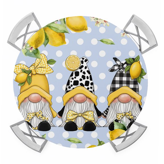 Round Fitted Tablecloth with Elastic Lemon Gnomes Tablecloths Summer Blue Polka Dot Plaid Patio Table Cover for Kitchen Dinner Party Picnic Decor Fits Tables up to 36"- 44" Diameter