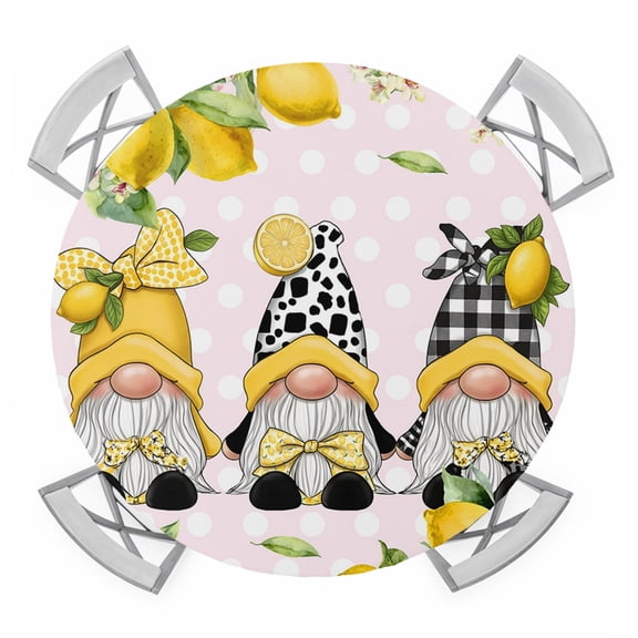 Round Fitted Tablecloth with Elastic Lemon Gnomes Tablecloths Summer Pink Polka Dot Plaid Patio Table Cover for Kitchen Dinner Party Picnic Decor Fits Tables up to 36"- 44" Diameter
