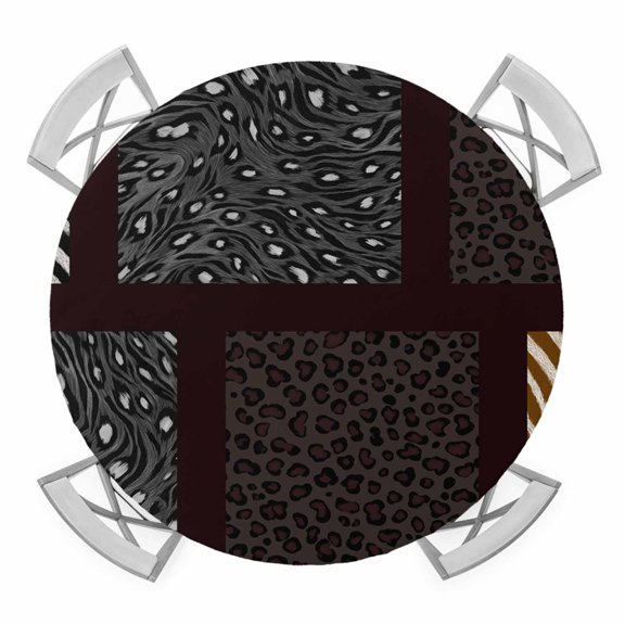 Round Fitted Tablecloth with Elastic Leopard Zebra Print Tablecloths Animal Fur Stripes Patio Table Cover for Kitchen Dinner Party Picnic Decor Fits Tables up to 55"- 60" Diameter
