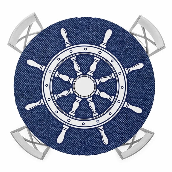 Round Fitted Tablecloth with Elastic Nautical Captain's Wheel Tablecloths Helm Navy Blue Stripes Patio Table Cover for Kitchen Dinner Party Picnic Decor Fits Tables up to 55"- 60" Diameter