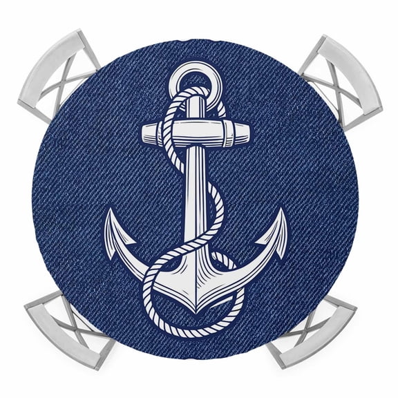 Round Fitted Tablecloth with Elastic Nautical Ship Anchor Tablecloths Coastal Denim Blue Stripes Patio Table Cover for Kitchen Dinner Party Picnic Decor Fits Tables up to 55"- 60" Diameter