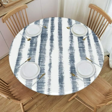 Round Fitted Tablecloth with Elastic Navy Blue and White French Stripes Fitted Table Covers for Round Tables Waterproof Reusable Vinyl Table Cloth for Indoor and Outdoor 40"-48" ,24ju22cjJ02