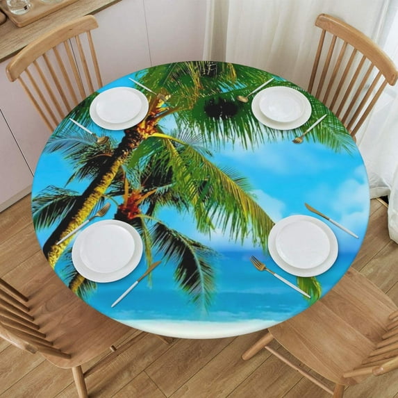 Round Fitted Tablecloth with Elastic Ocean Sea Beach Tropical Palm Tree Fitted Table Covers for Round Tables Waterproof Reusable Vinyl Table Cloth for Indoor and Outdoor 40"-48" ,24ju22cfF10