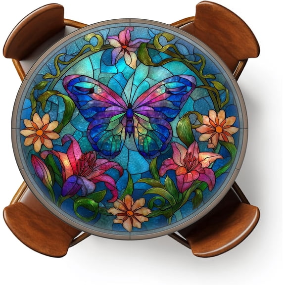 Round Fitted Tablecloth with Elastic Outdoor Tablecloth for 36" - 44" Tables Waterproof Round Table Cover for Indoor Dinner, Picnic, Camping (Stained Glass Butterfly)
