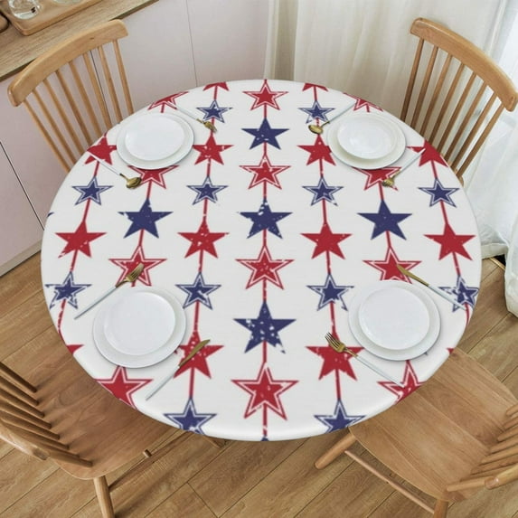 Round Fitted Tablecloth with Elastic Patriotic USA Flag White Vintage Fitted Table Covers for Round Tables Waterproof Reusable Vinyl Table Cloth for Indoor and Outdoor 45"-56" ,24ju26caA44