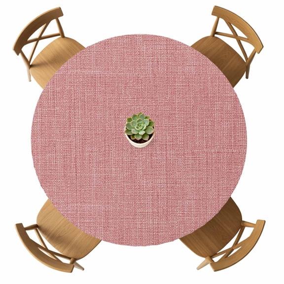 Round Fitted Tablecloth with Elastic Peach Pink Linen Tablecloths Waterproof Oil Proof Farmhouse Pure Color Table Cover for Kitchen Dinner Holiday Party Picnic Fits Tables up to 36"- 44" Diameter