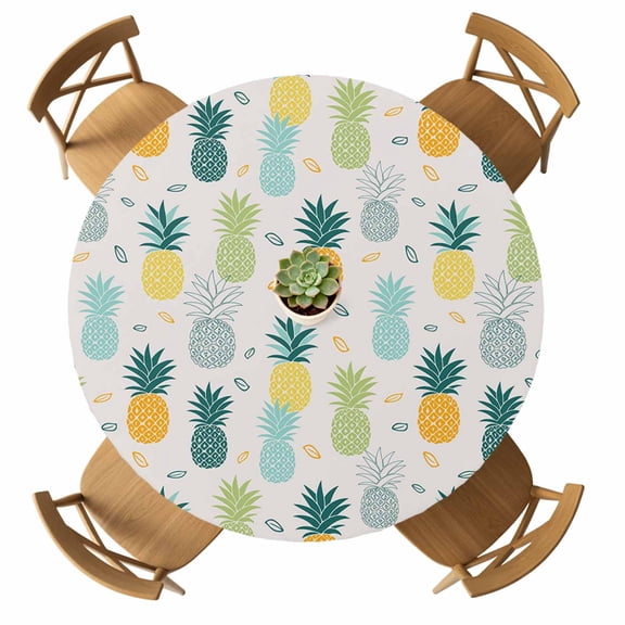 Round Fitted Tablecloth with Elastic Pineapple Tablecloths Waterproof Oil Proof Summer Tropical Fruit Table Cover for Kitchen Dinner Holiday Party Picnic Fits Tables up to 36"- 44" Diameter