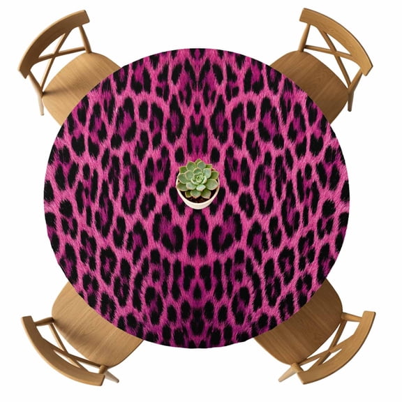 Round Fitted Tablecloth with Elastic Pink Leopard Print Tablecloths Waterproof Oil Proof Retro Animal Fur Pattern Table Cover for Kitchen Dinner Party Picnic Fits Tables up to 36"- 44" Diameter