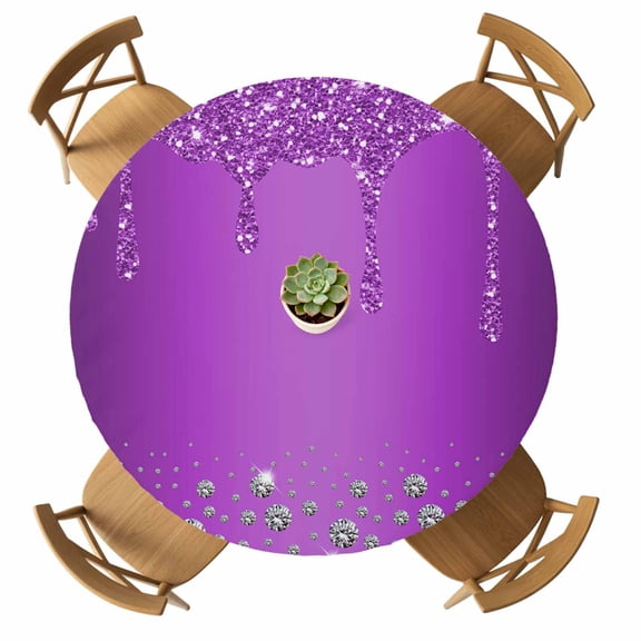 Round Fitted Tablecloth with Elastic Purple Diamond Tablecloths Waterproof Oil Proof Luxury Bling Water Drop Table Cover for Kitchen Dinner Holiday Party Picnic Fits Tables up to 36"- 44" Diameter