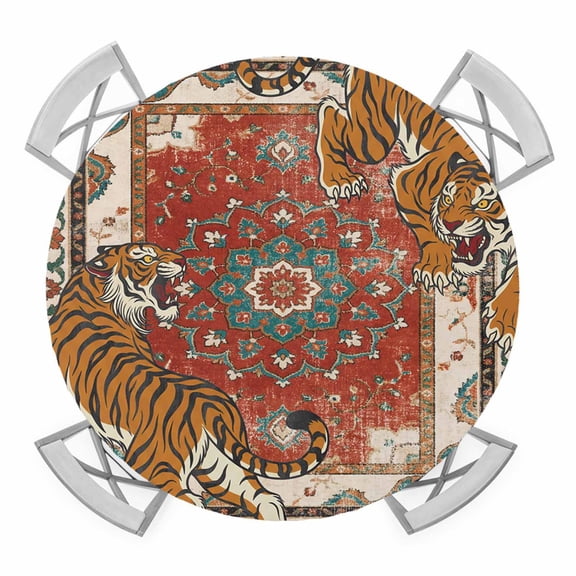 Round Fitted Tablecloth with Elastic Red Boho Tiger Tablecloths Bohemian Animal Print Patio Table Cover for Kitchen Dinner Party Picnic Decor Fits Tables up to 36"- 44" Diameter
