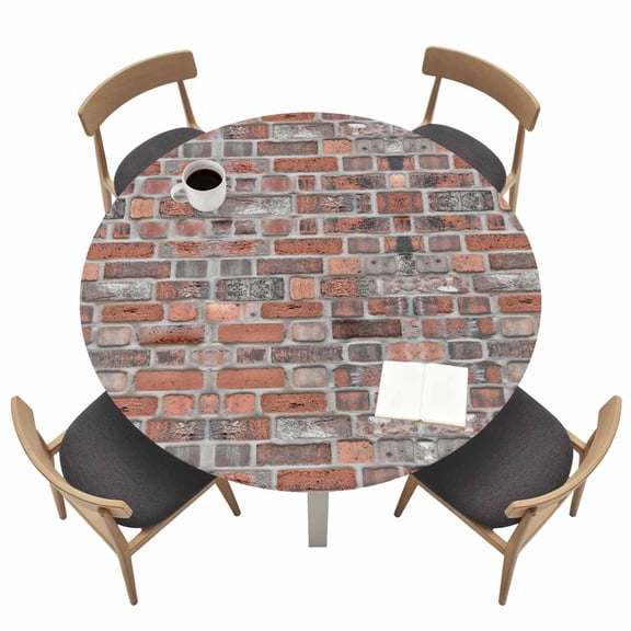 Round Fitted Tablecloth with Elastic Red Bricks Walls Tablecloths Retro Art Patio Table Cover for Kitchen Dinner Party Picnic Decor Indoor Outdoor Fits Tables up to 36"- 44" Diameter