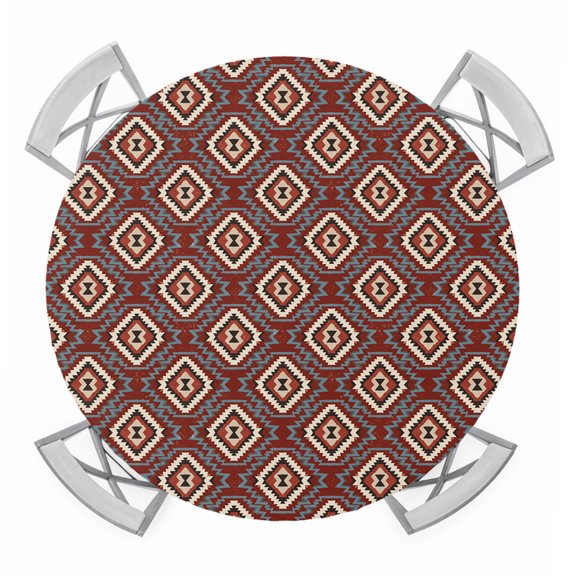 Round Fitted Tablecloth with Elastic Red Diamonds Tablecloths Geometric Bohemian Lines Patio Table Cover for Kitchen Dinner Party Picnic Decor Fits Tables up to 36"- 44" Diameter