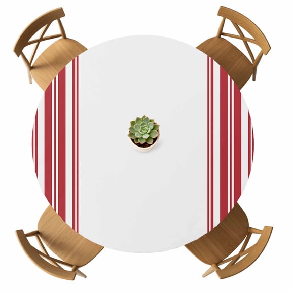 Round Fitted Tablecloth with Elastic Red Ticking Vertically Stripe Tablecloths Waterproof Oil Proof Simple Style White Table Cover for Kitchen Dinner Party Picnic Fits Tables up to 36"- 44" Diameter