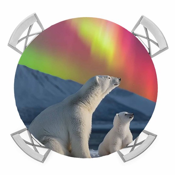 Round Fitted Tablecloth with Elastic Romantic Auroras Tablecloths Polar Bear Arctic Peaks Patio Table Cover for Kitchen Dinner Party Picnic Decor Fits Tables up to 55"- 60" Diameter