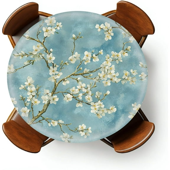 Round Fitted Tablecloth with Elastic Round Outdoor Tablecloth for 36" - 44" Round Tables Waterproof Round Table Cover for Indoor Dinner, Picnic, Camping, Yard (Apricot Blossom)