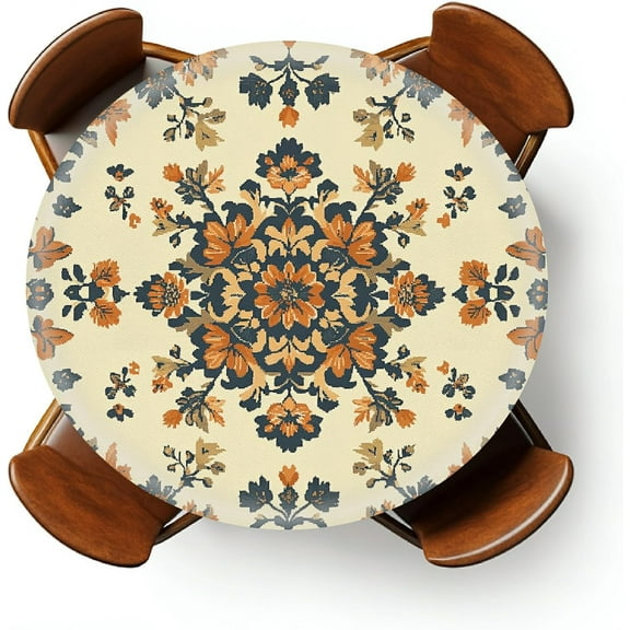 Round Fitted Tablecloth with Elastic Round Outdoor Tablecloth for 45" - 52" Round Tables Waterproof Round Table Cover for Indoor Dinner, Picnic, Camping, Yard (Boho)