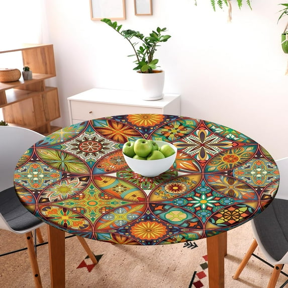 Round Fitted Tablecloth with Elastic Round Outdoor Tablecloths Fitted Table Covers for Round Tables Waterproof Reusable Vinyl Table Cloth for Indoor and Outdoor for 22" to 26" Round Table