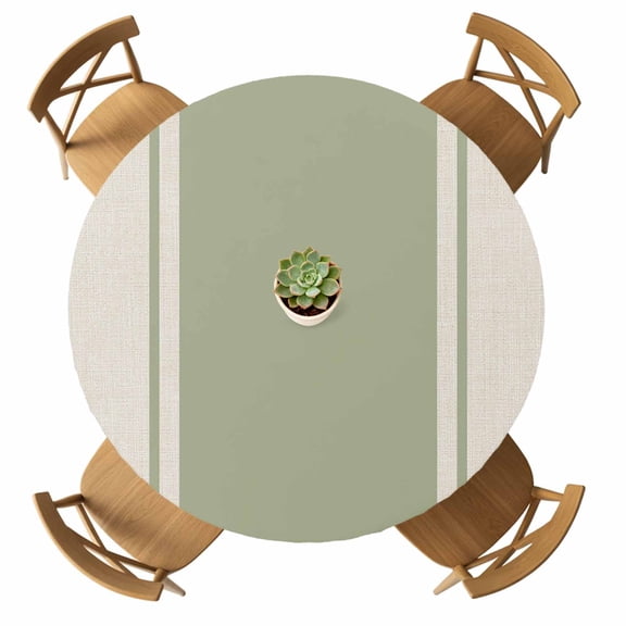 Round Fitted Tablecloth with Elastic Sage Green Stripe Lines Tablecloths Waterproof Oil Proof Linen Striped Table Cover for Kitchen Dinner Holiday Party Picnic Fits Tables up to 36"- 44" Diameter