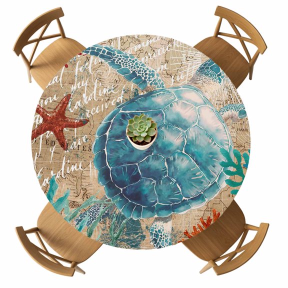 Round Fitted Tablecloth with Elastic Sea Turtle Tablecloths Waterproof Nautical Anchor Coral Vintage Marine Life Table Cover for Kitchen Dinner Party Picnic Fits Tables up to 36"- 44" Diameter