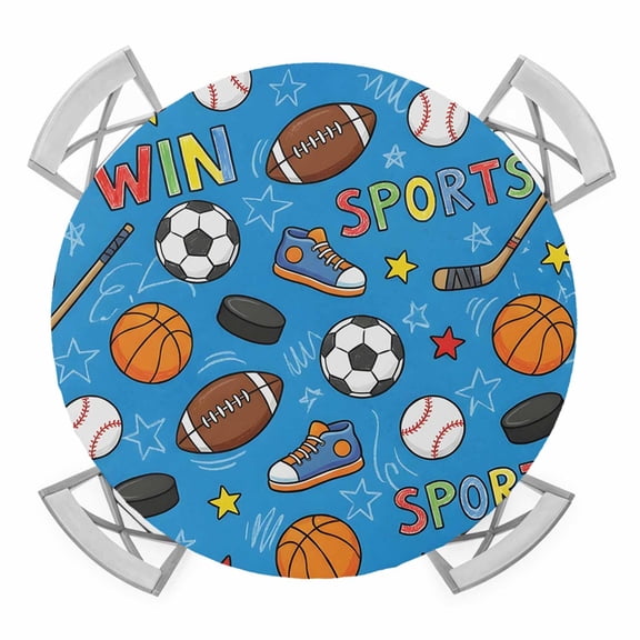 Round Fitted Tablecloth with Elastic Sports Balls Tablecloths Basketball Soccer Baseball Rugby Ice Hockey Patio Table Cover for Kitchen Dinner Party Picnic Decor Fits Tables up to 36"- 44" Diameter