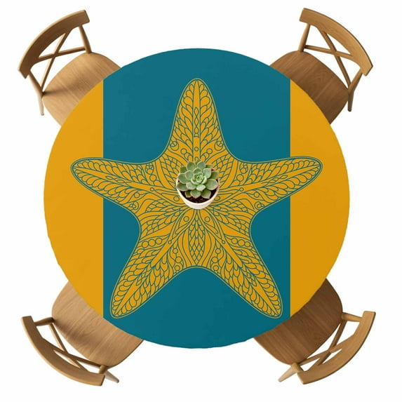 Round Fitted Tablecloth with Elastic Starfish Tablecloths Waterproof Oil Proof Turquoise Yellow Stripes Lines Table Cover for Kitchen Dinner Holiday Party Picnic Fits Tables up to 36"- 44" Diameter