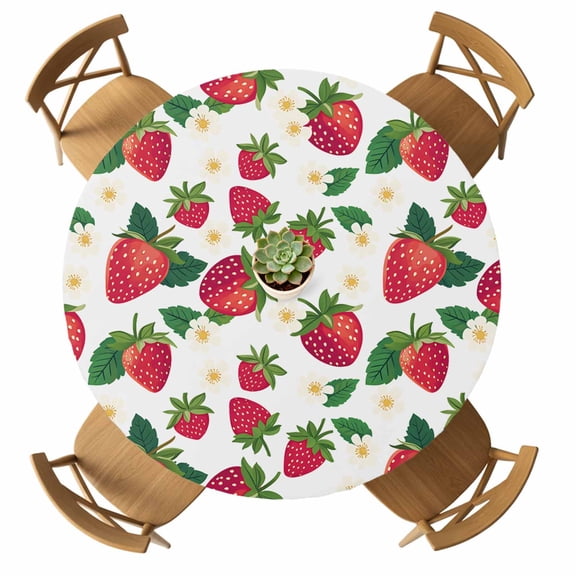 Round Fitted Tablecloth with Elastic Strawberry Tablecloths Waterproof Oil Proof Cute Floral Fruit Table Cover for Kitchen Dinner Holiday Party Picnic Fits Tables up to 36"- 44" Diameter