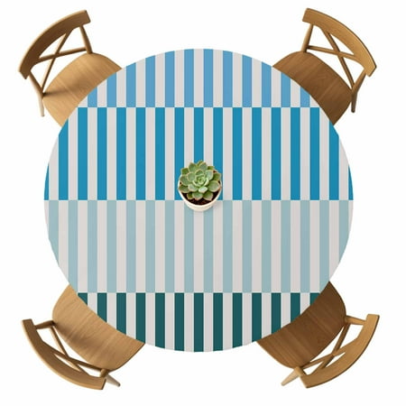Round Fitted Tablecloth with Elastic Stripes Lines Tablecloths Waterproof Oil Proof Teal Blue Green Striped Table Cover for Kitchen Dinner Holiday Party Picnic Fits Tables up to 36"- 44" Diameter