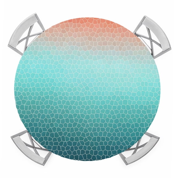 Round Fitted Tablecloth with Elastic Teal Orange Hexagonal Tiles Tablecloths Ombre Honeycomb Patio Table Cover for Kitchen Dinner Party Picnic Decor Fits Tables up to 36"- 44" Diameter