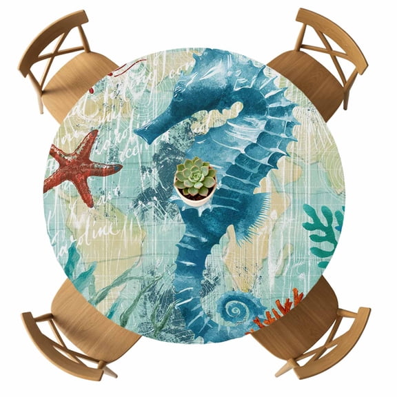 Round Fitted Tablecloth with Elastic Teal Seahorse Tablecloths Waterproof Oil Proof Anchor Coral Ocean Marine Life Table Cover for Kitchen Dinner Party Picnic Fits Tables up to 36"- 44" Diameter