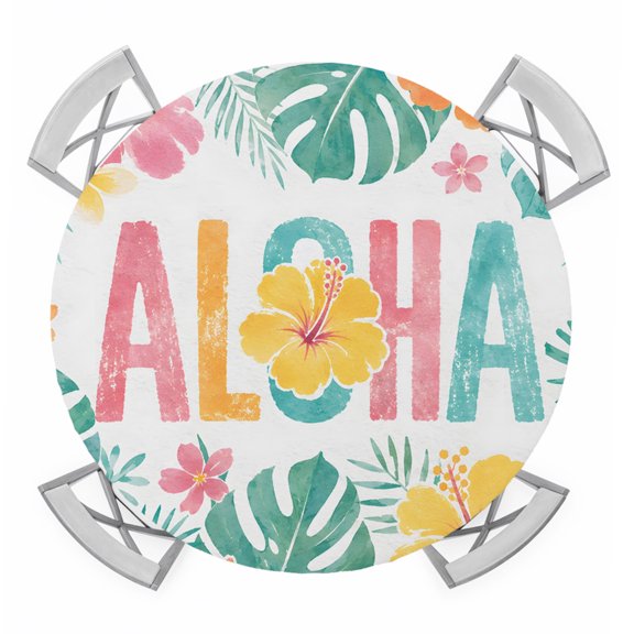 Round Fitted Tablecloth with Elastic Tropical Monstera Leaves Tablecloths Hibiscus Flowers Aloha Patio Table Cover for Kitchen Dinner Party Picnic Decor Fits Tables up to 36"- 44" Diameter