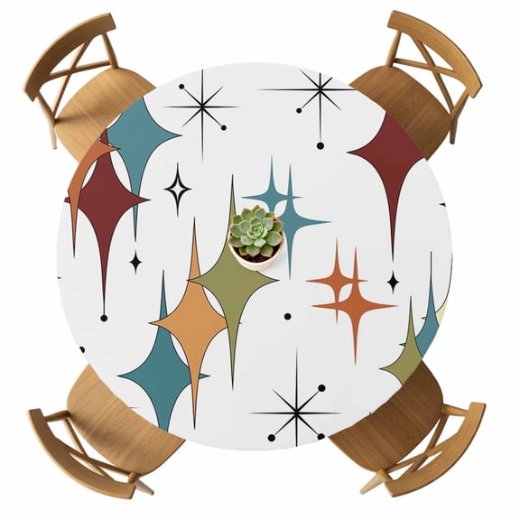 Round Fitted Tablecloth with Elastic Turquoise Red Orange Diamond Tablecloths Waterproof Modern Geometric Mid Century Table Cover for Kitchen Dinner Party Picnic Fits Tables up to 36"- 44" Diameter