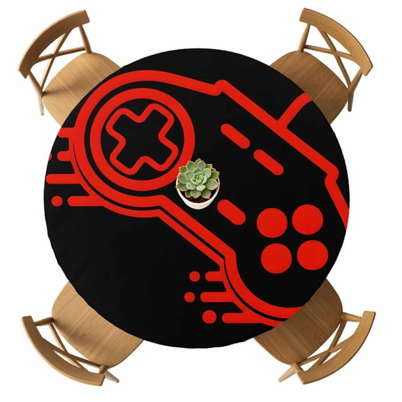 Round Fitted Tablecloth with Elastic Video Games Controller Tablecloths Waterproof Oil Proof Black Red Gaming Console Table Cover for Kitchen Dinner Party Picnic Fits Tables up to 36"- 44" Diameter