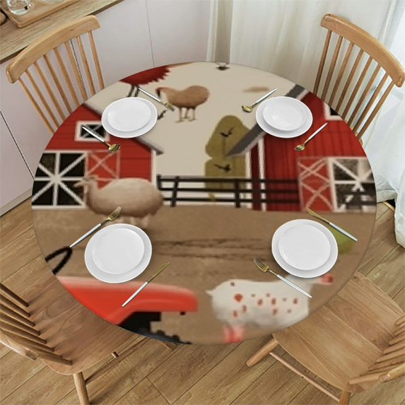Round Fitted Tablecloth with Elastic,Waterproof Table Cloth Round Cover redondo para de sillas Picnic Table Cover Fits Tables up to for Dining Outdoor,Sheep Tree Animals