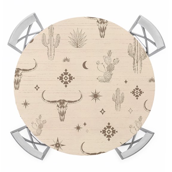 Round Fitted Tablecloth with Elastic Western Longhorn Skull Tablecloths Boho Sunburst Stars Desert Cactus Patio Table Cover for Kitchen Dinner Party Picnic Decor Fits Tables up to 36"- 44" Diameter