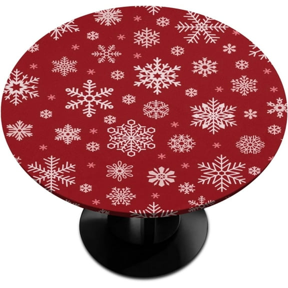 Round Fitted Tablecloth with Elastic Winter White Snowflakes Red Round Elastic Table Cloth Polyester fitted tablecloth 36"-42" Waterproof Table Cover for Dining Room kitchen Patio Restaurant Use