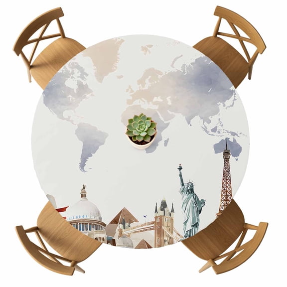 Round Fitted Tablecloth with Elastic World Map Tablecloths Waterproof Oil Proof Famous Building Tourism Landscape Table Cover for Kitchen Dinner Party Picnic Fits Tables up to 36"- 44" Diameter