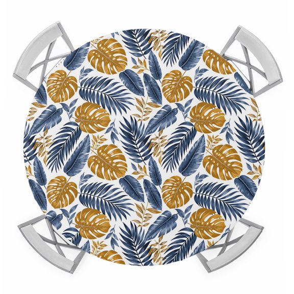 Round Fitted Tablecloth with Elastic Yellow Blue Monstera Leaf Tablecloths Summer Tropical Jungle Patio Table Cover for Kitchen Dinner Party Picnic Decor Fits Tables up to 36"- 44" Diameter
