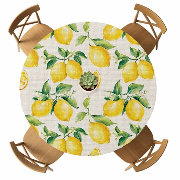 Round Fitted Tablecloth with Elastic Yellow Lemon Tablecloths Waterproof Oil Proof Farm Fruit Linen Table Cover for Kitchen Dinner Holiday Party Picnic Fits Tables up to 36"- 44" Diameter