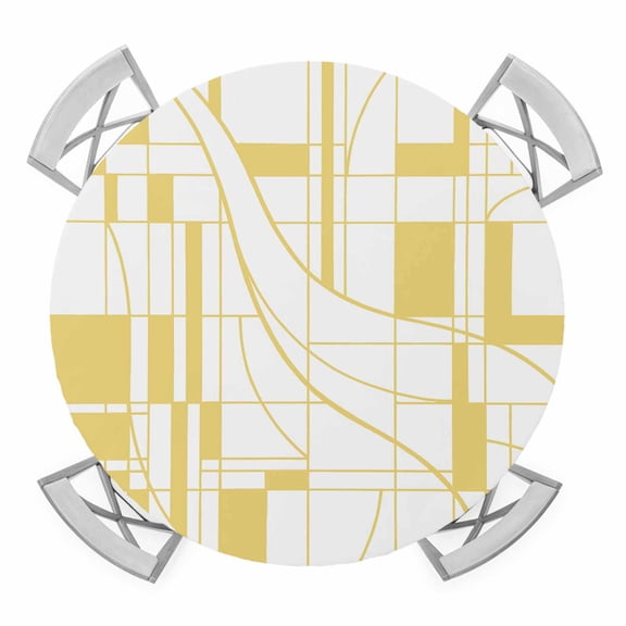 Round Fitted Tablecloth with Elastic Yellow Lines Grid Tablecloths Geometric Curving Fluid Ribbons Patio Table Cover for Kitchen Dinner Party Picnic Decor Fits Tables up to 36"- 44" Diameter