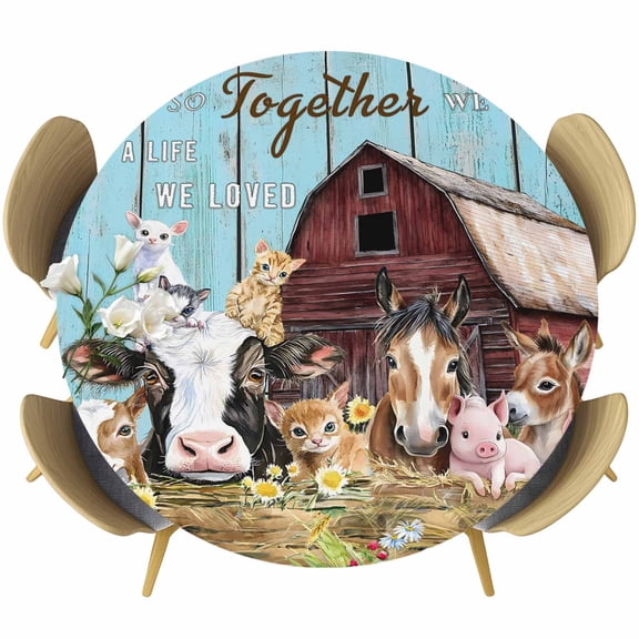Round Fitted Tablecloth,Farm Pig Horse Rabbit Barn Fence Wheat Circle Table Cover Waterproof Table Cloth with Elastic Edge,Vintage Blue Wood Board Outdoor Tablecloths for Kitchen Picnic 55-60in