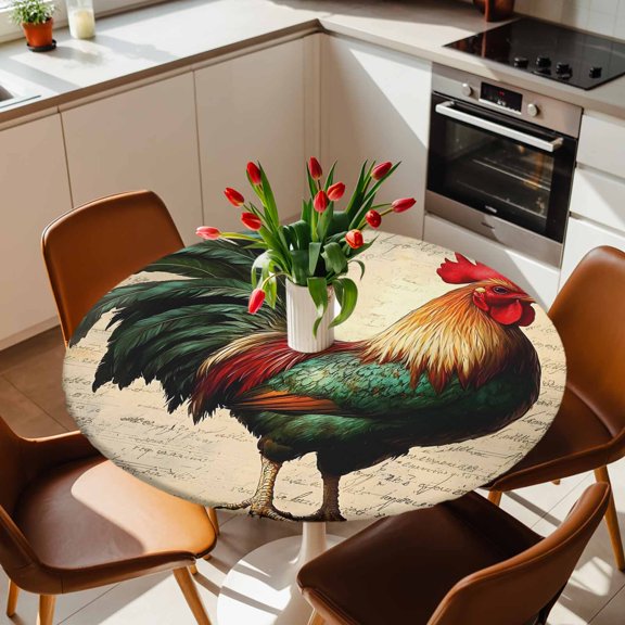 Round Fitted Tablecloth,Farm Rooster Watercolor Animal Circle Table Cover Waterproof Table Cloth with Elastic Edge,Retro Letter Outdoor Tablecloths for Kitchen Picnic 36-44in