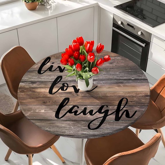 Round Fitted Tablecloth,Farmhouse Brown Wood Board Circle Table Cover Waterproof Table Cloth with Elastic Edge,Live Love Laugh Text Flower Outdoor Tablecloths for Kitchen Picnic 36-44in